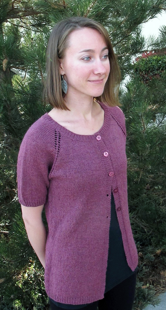 Knitting Pure & Simple 123 Top Down Lightweight Cardigan. Knitted in #1/4 Ply weight yarn. Size x-small to xx-large.